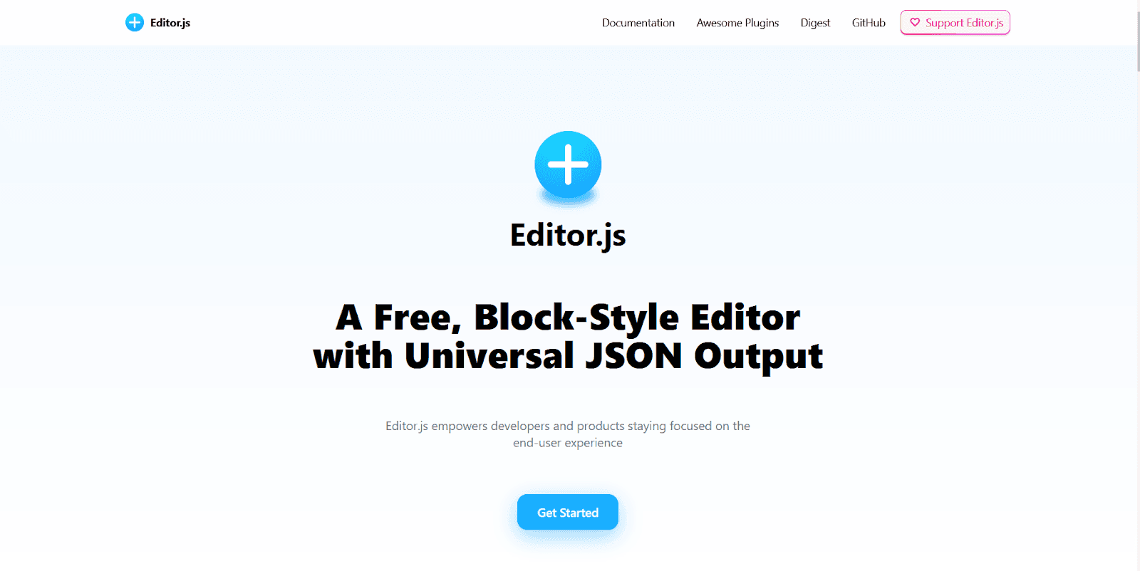 Editor.js block editor with JSON output, modular plugins, and lightweight integration for developers.
