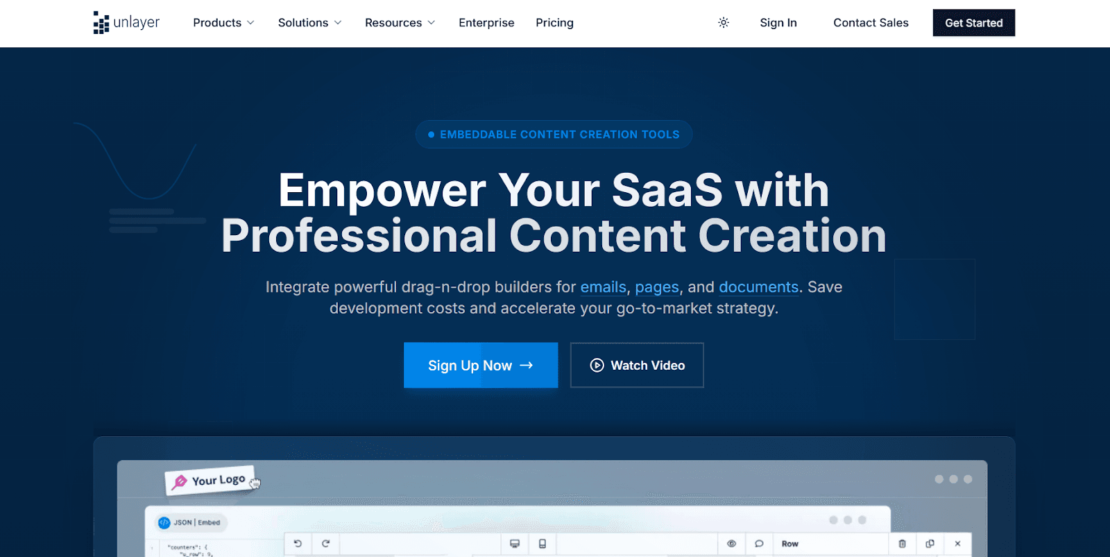 Unlayer embeddable content builder with drag-and-drop editor, white-label customization, responsive email and landing page templates, and API/SDK integration.