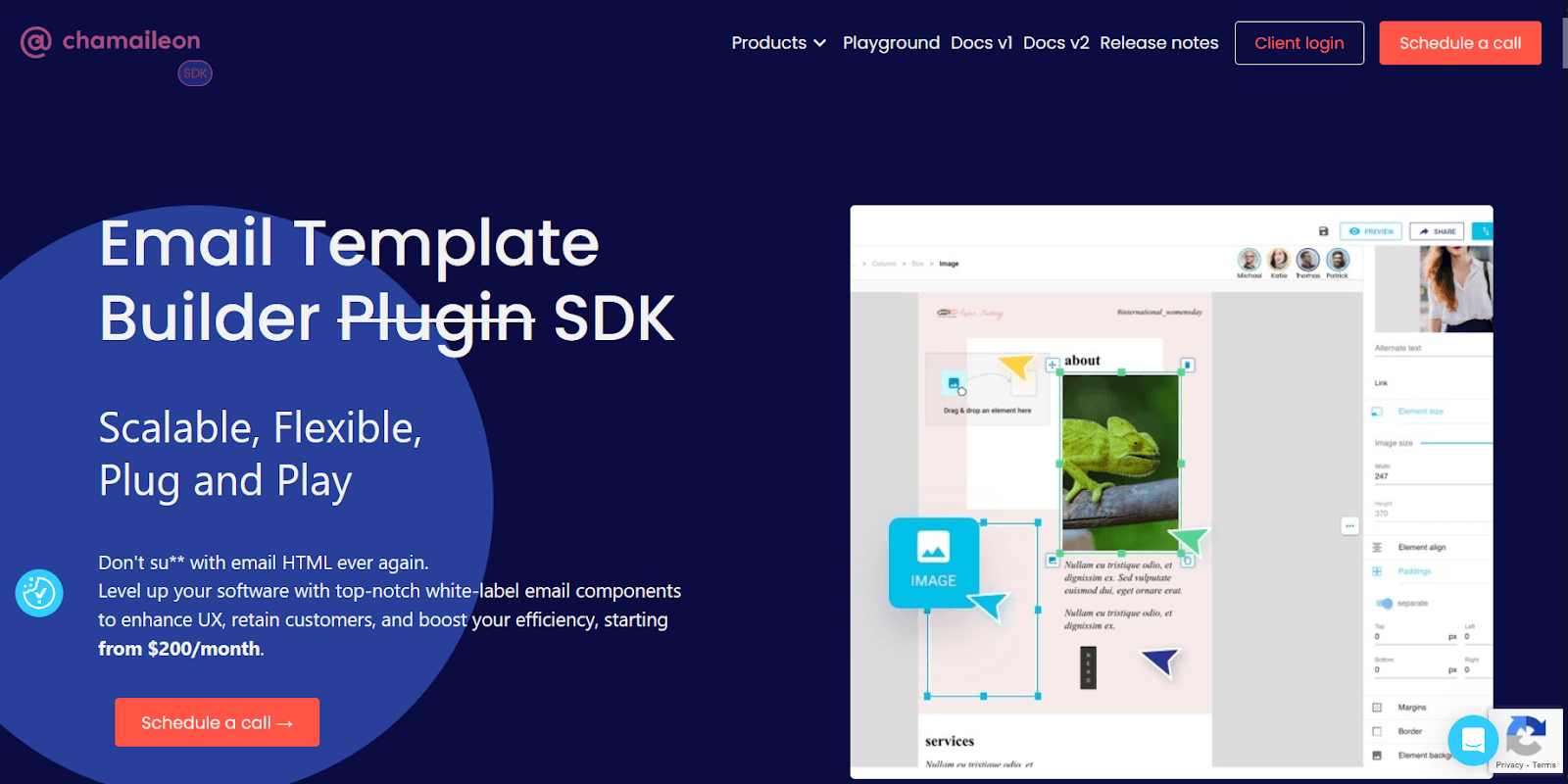 Chamaileon embeddable email builder with SDK for integration into platforms.