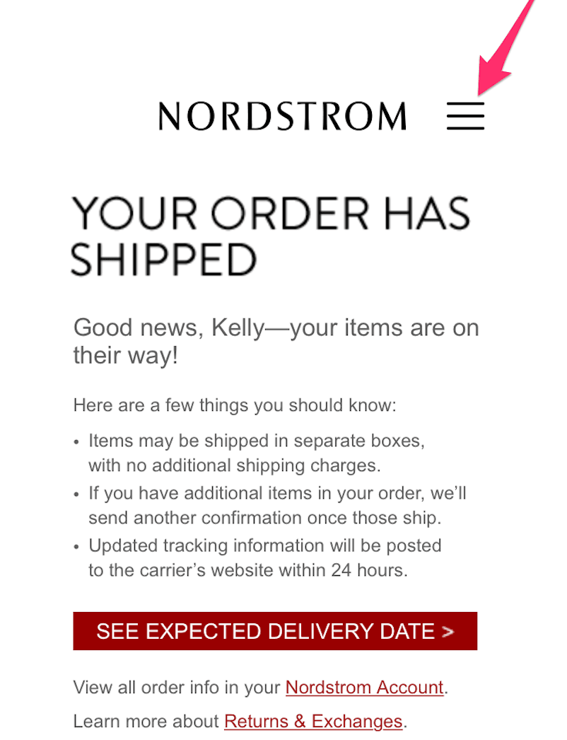 Email example featuring menus from Nordstorm.