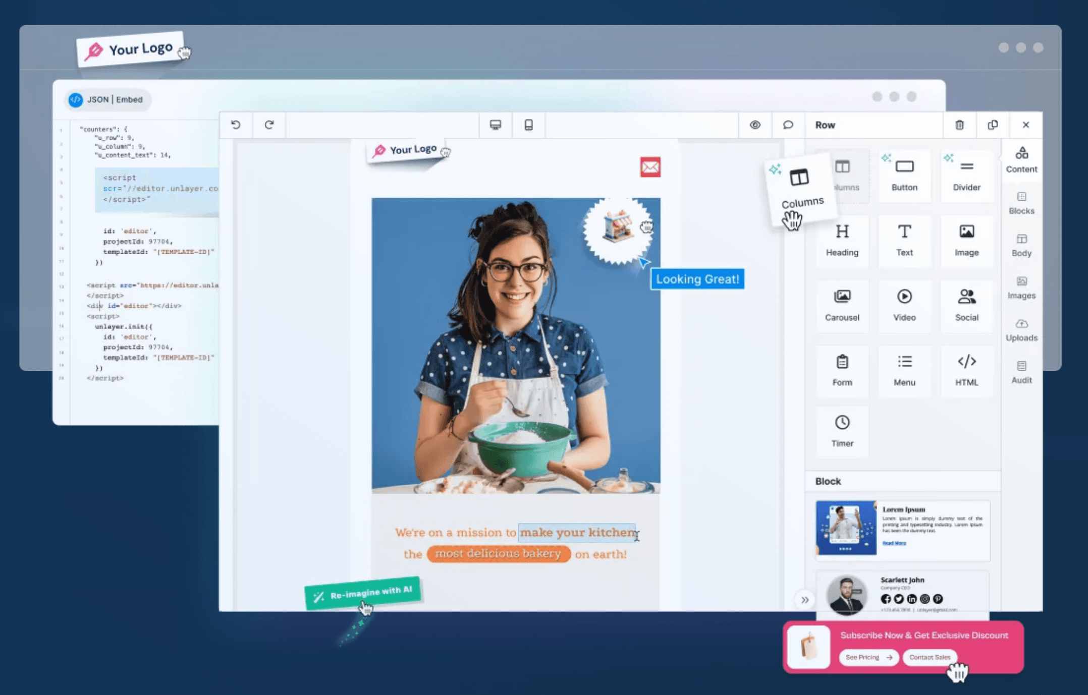 Drag-and-drop interface of Unlayer SDK.