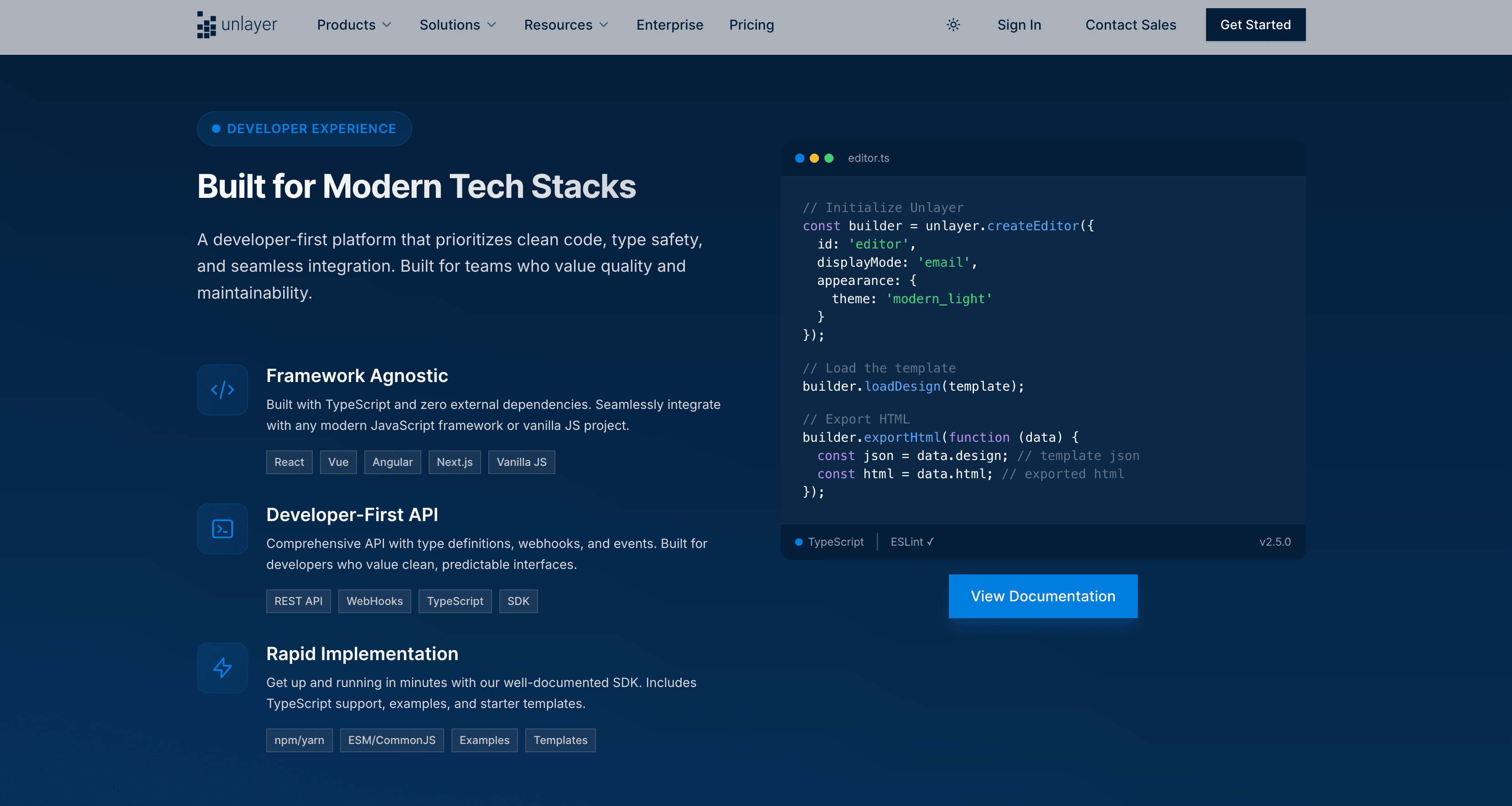 Screenshot of Unlayer’s homepage showing that it is built for modern tech stacks.